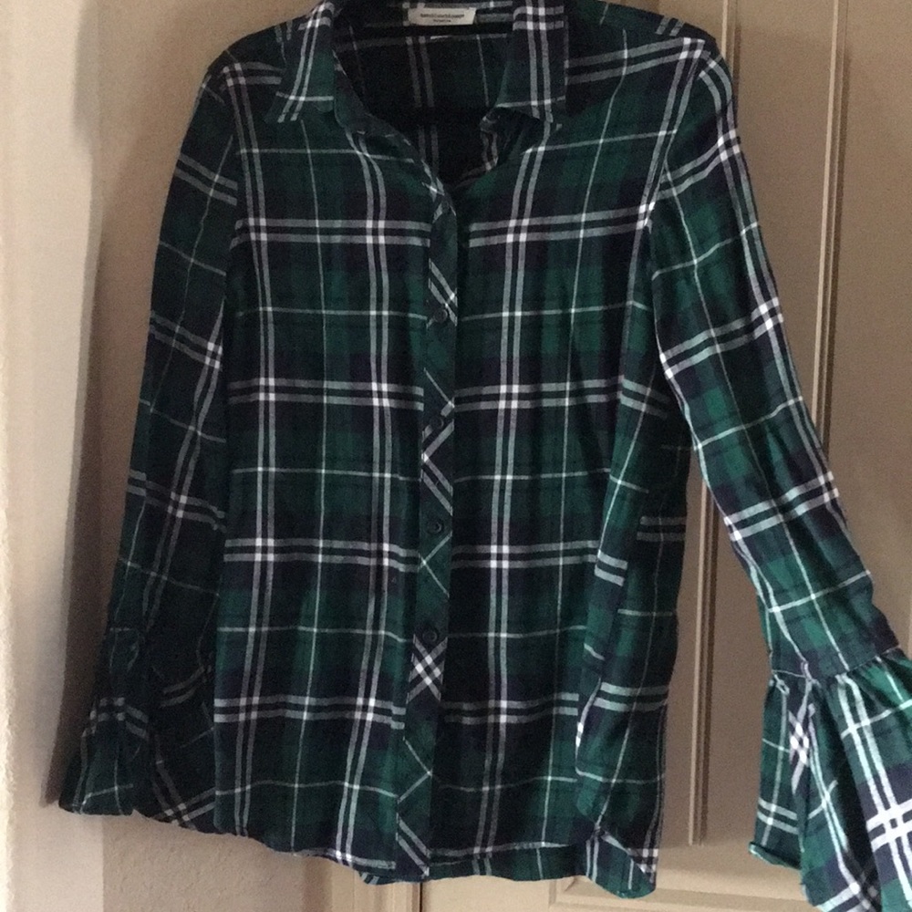 XS navy green flannel shirt bell sleeves with ties